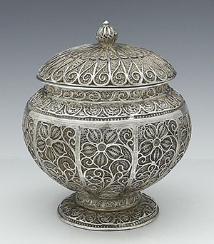 Indo Portuguese Goa filigree early covered bowl